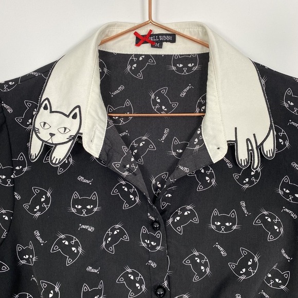 Hell Bunny Shirt Womens Medium Black Cat Print Short Sleeve Button Top Novelty - Picture 4 of 13